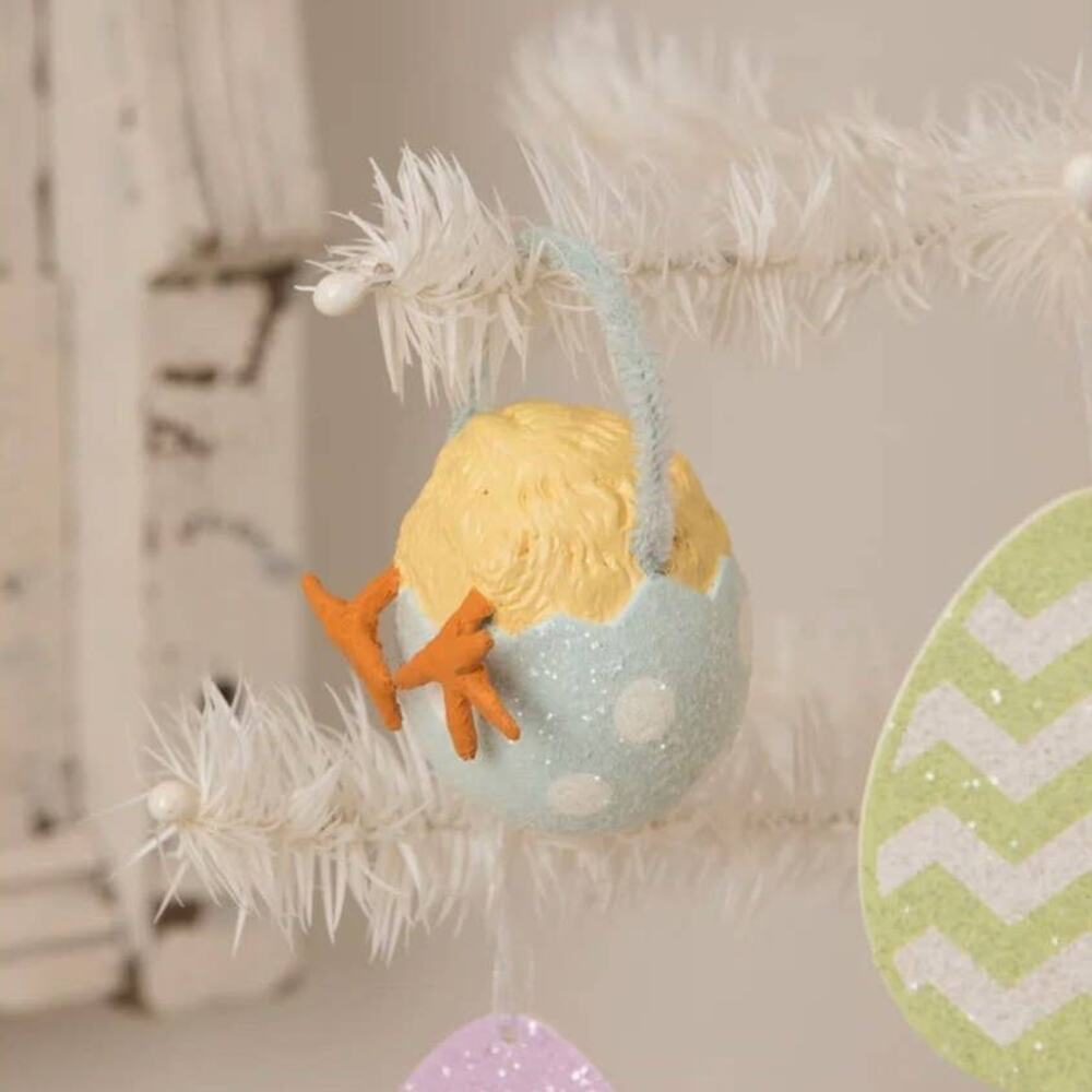 New Bethany Lowe Chickie Tail Chick In Pastel Blue Polka Dot Egg Ornament